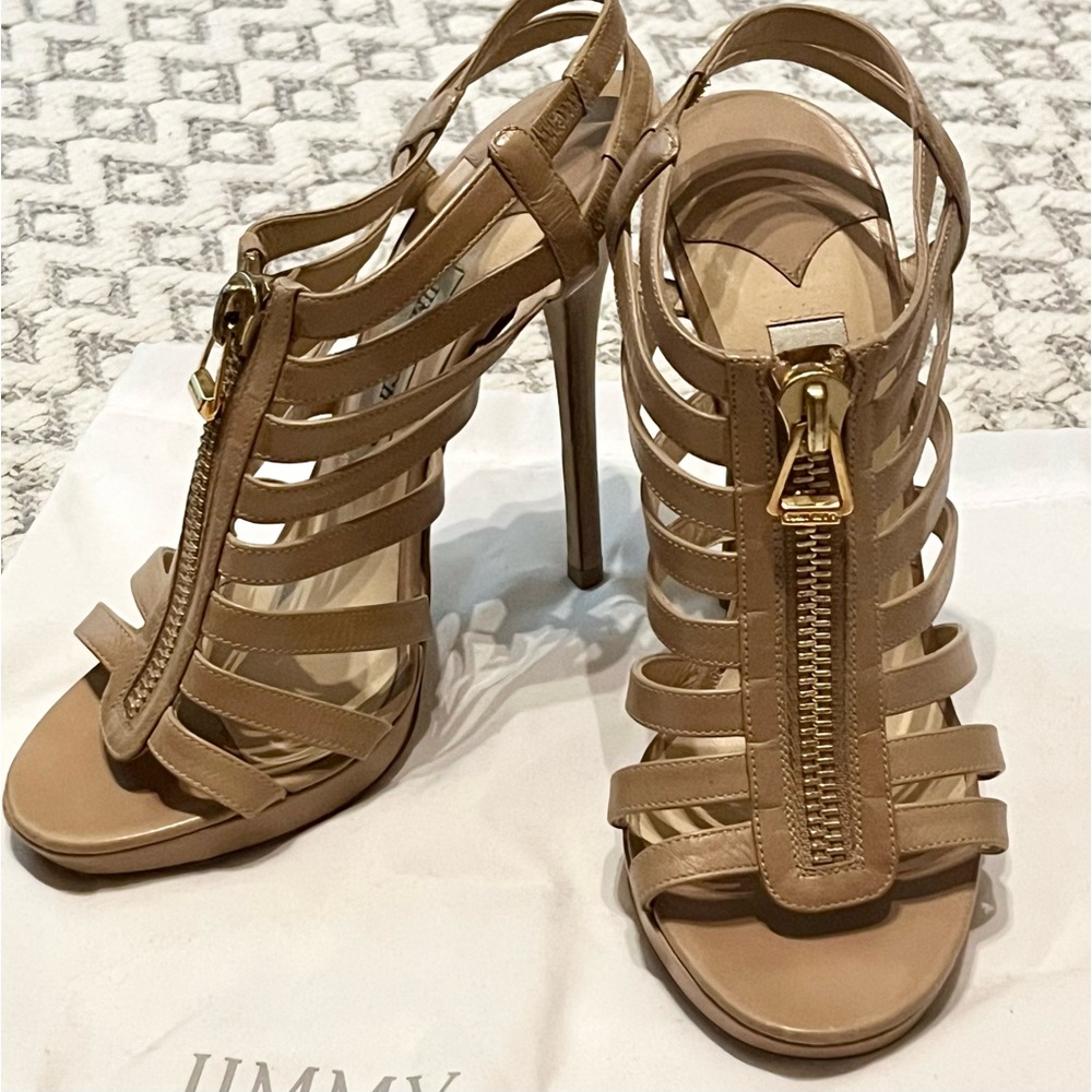 Jimmy Choo Zip Detail Glenys Strappy Sandals in Nude Leather Brown Flesh.